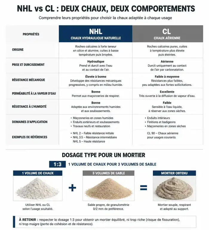 Infographie technique sur le dosage du mortier de chaux pour mur en pierre et comparaison des types de chaux