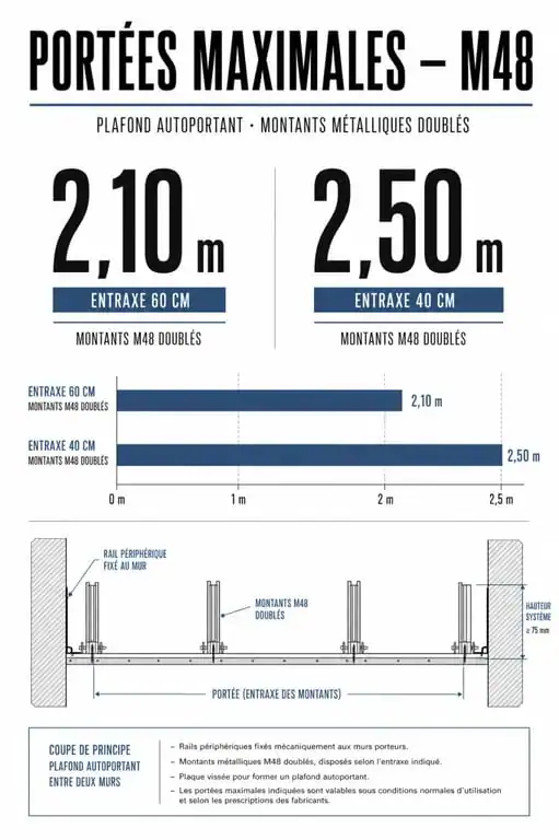 Schéma des portées maximales pour plafond autoportant M48 selon l'entraxe et la configuration