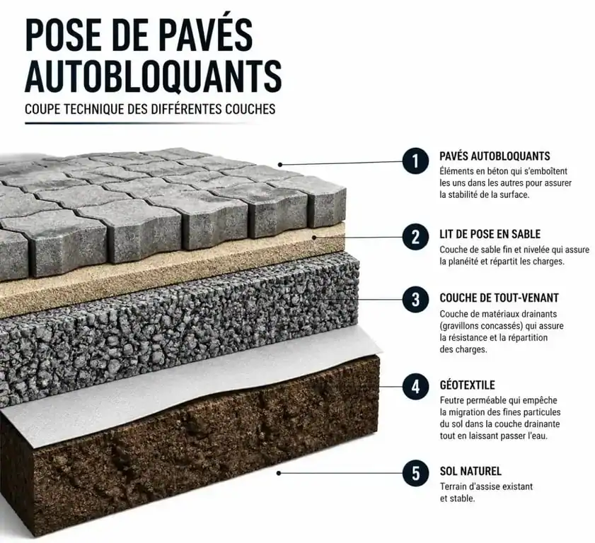 Schéma en coupe de la pose de pavés autobloquants montrant les étapes de préparation du sol