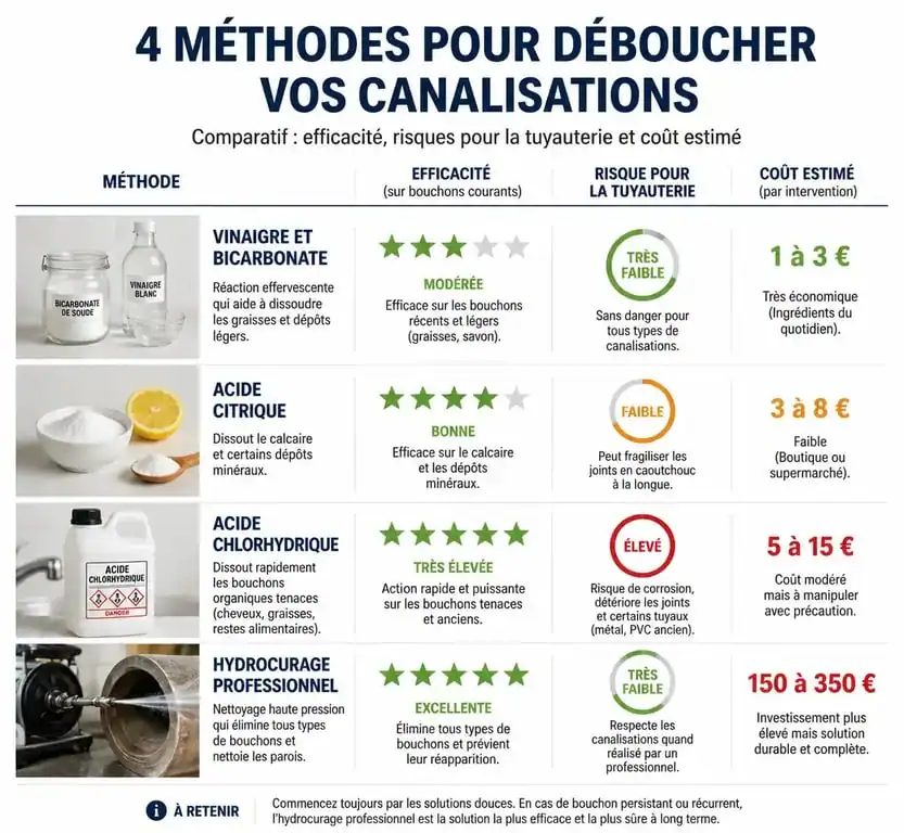 Tableau comparatif des méthodes pour déboucher une canalisation bouchée par le calcaire