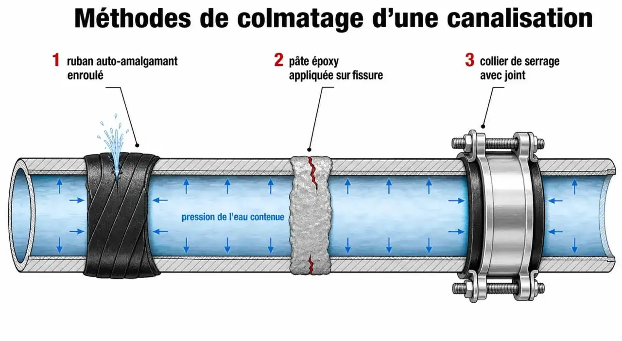 Schéma technique des méthodes pour colmater une fuite d'eau sous pression