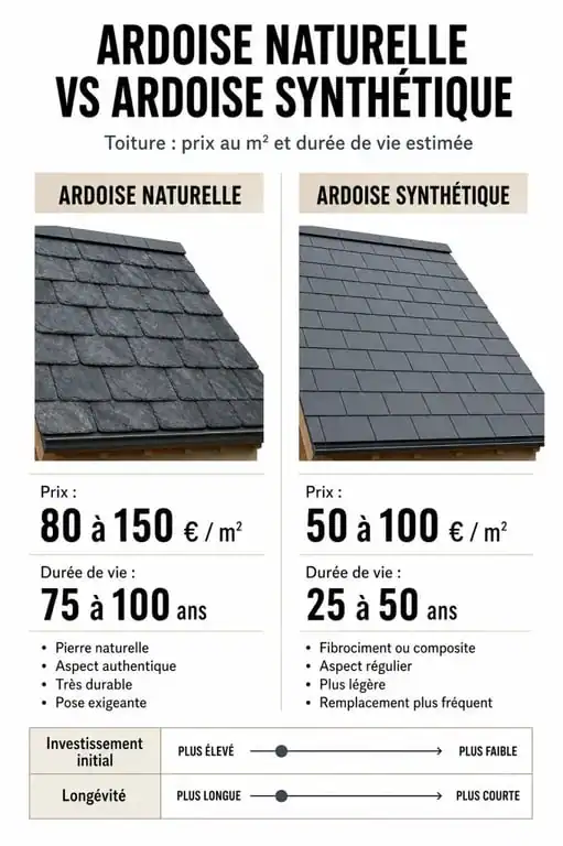 Comparatif des prix et caractéristiques entre toit en ardoise naturelle et synthétique au m2
