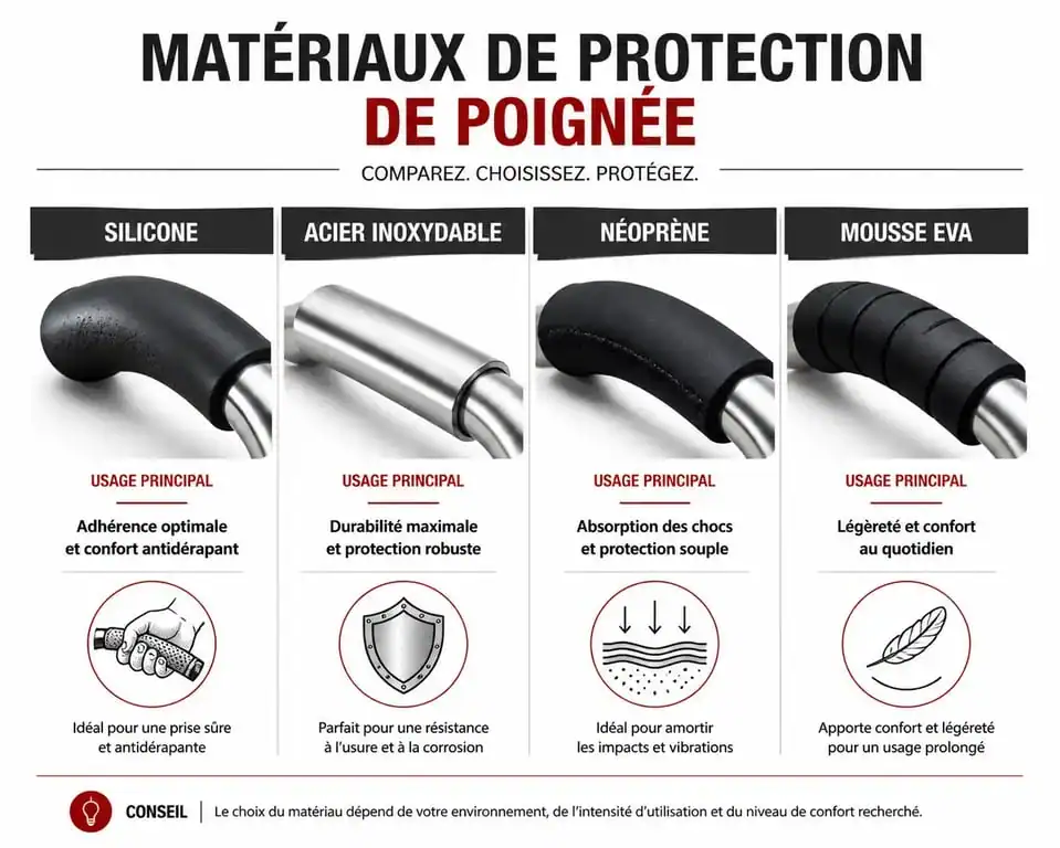 Comparatif des matériaux de protection de poignée : silicone, inox, néoprène et mousse EVA pour choisir la protection adaptée.