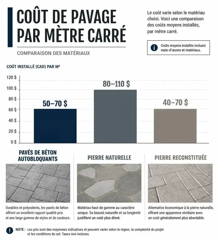 Infographie comparative du prix au m2 pour la pose de pavés en béton, pierre naturelle et pierre reconstituée.