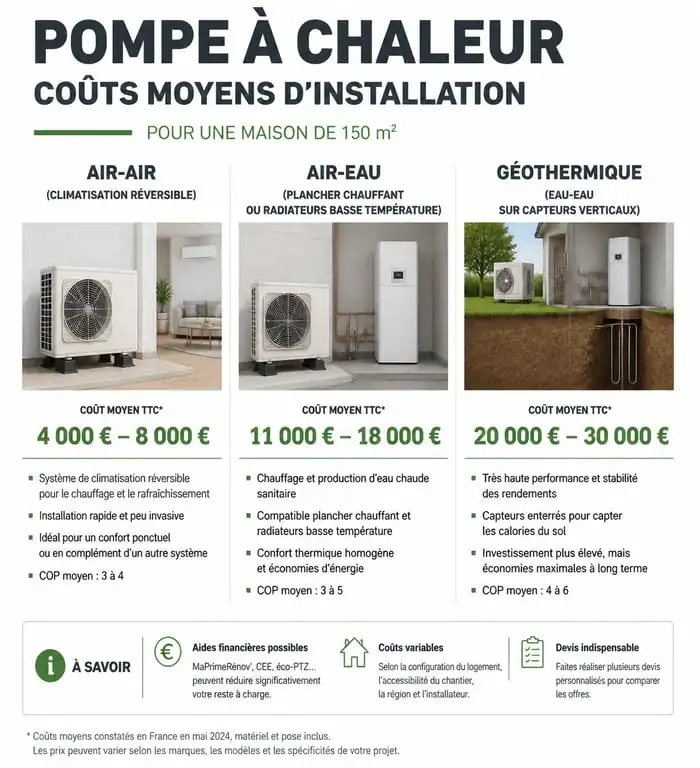 Comparatif des prix d'une pompe à chaleur pour maison de 150m2 selon la technologie