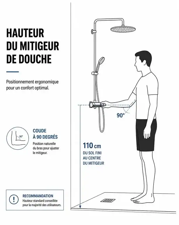 Schéma de la hauteur idéale d'un mitigeur de douche à 110 cm du sol