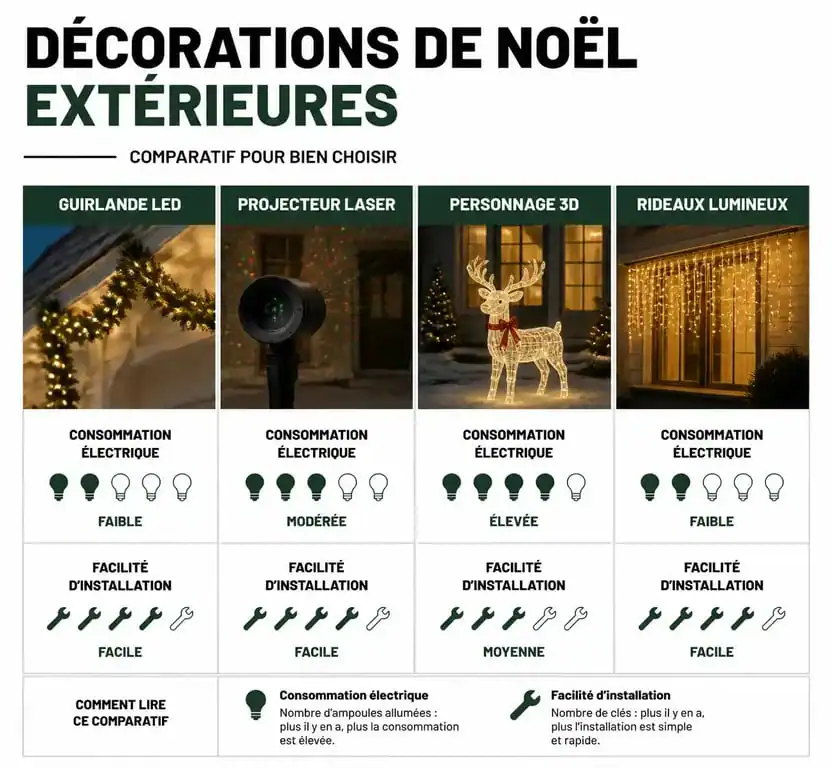 Infographie comparative des types de décoration de Noël extérieure pour choisir ses illuminations