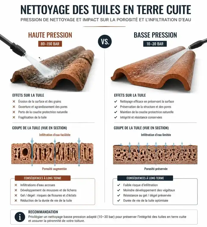 Schéma comparatif des effets du nettoyage toiture karcher haute pression sur les tuiles
