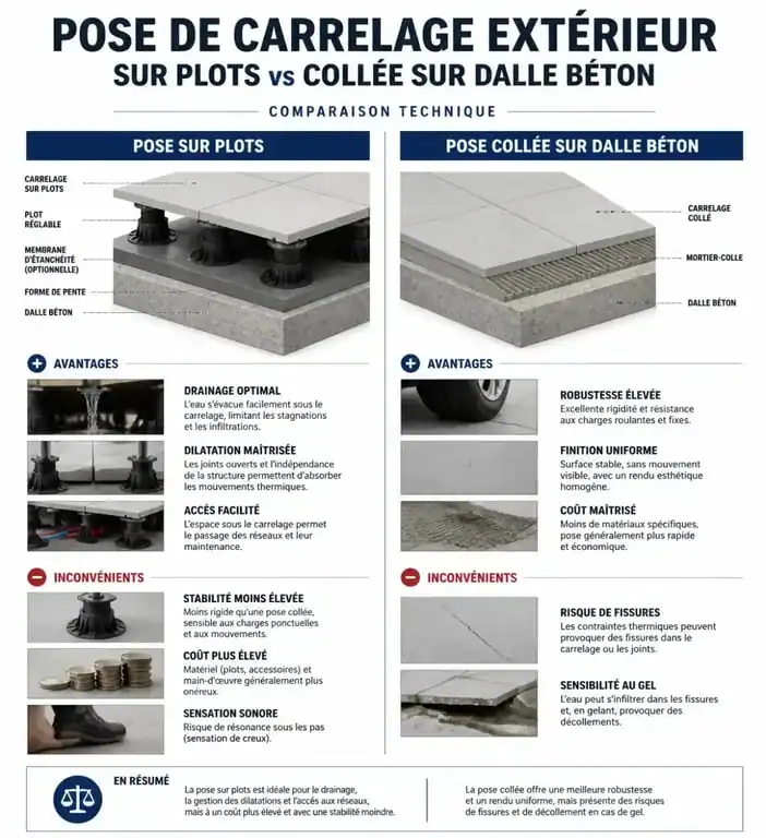 Comparatif technique entre la pose de carrelage sur plots et la pose collée pour terrasse