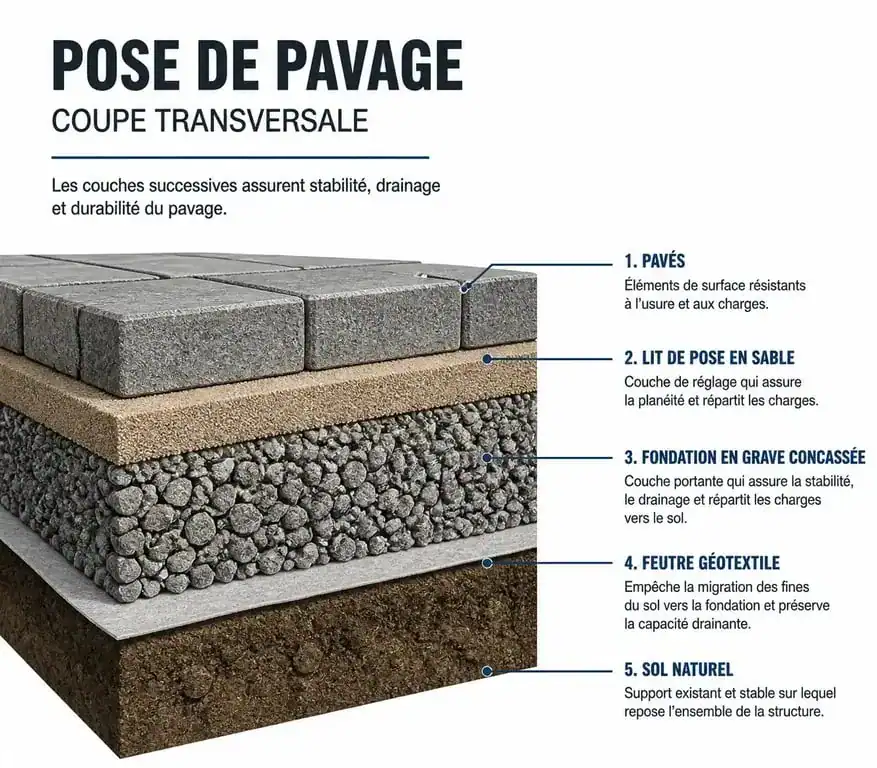 Schéma technique d'une coupe de pose de pavage montrant les différentes couches de fondation
