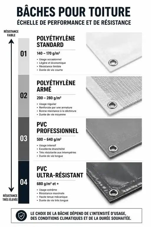 Comparatif des types de bâche pour toiture selon le grammage et la durée de vie