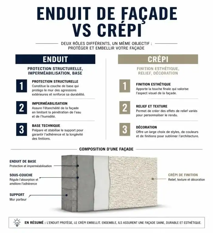 Comparatif visuel entre enduit et crépi pour façade extérieure