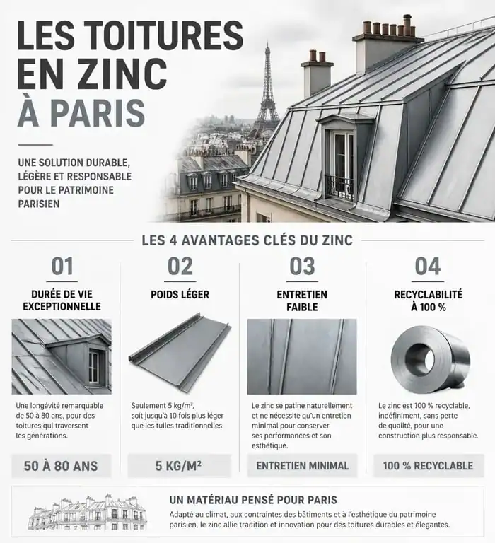 Infographie technique présentant les avantages et caractéristiques d'une toiture en zinc à Paris