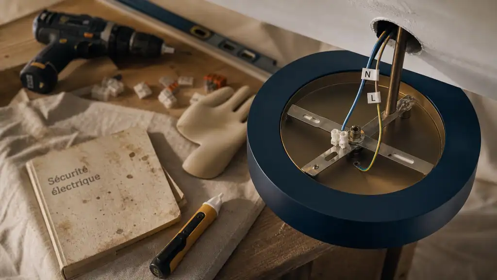 Installer luminaire plafond : fils et test de tension
