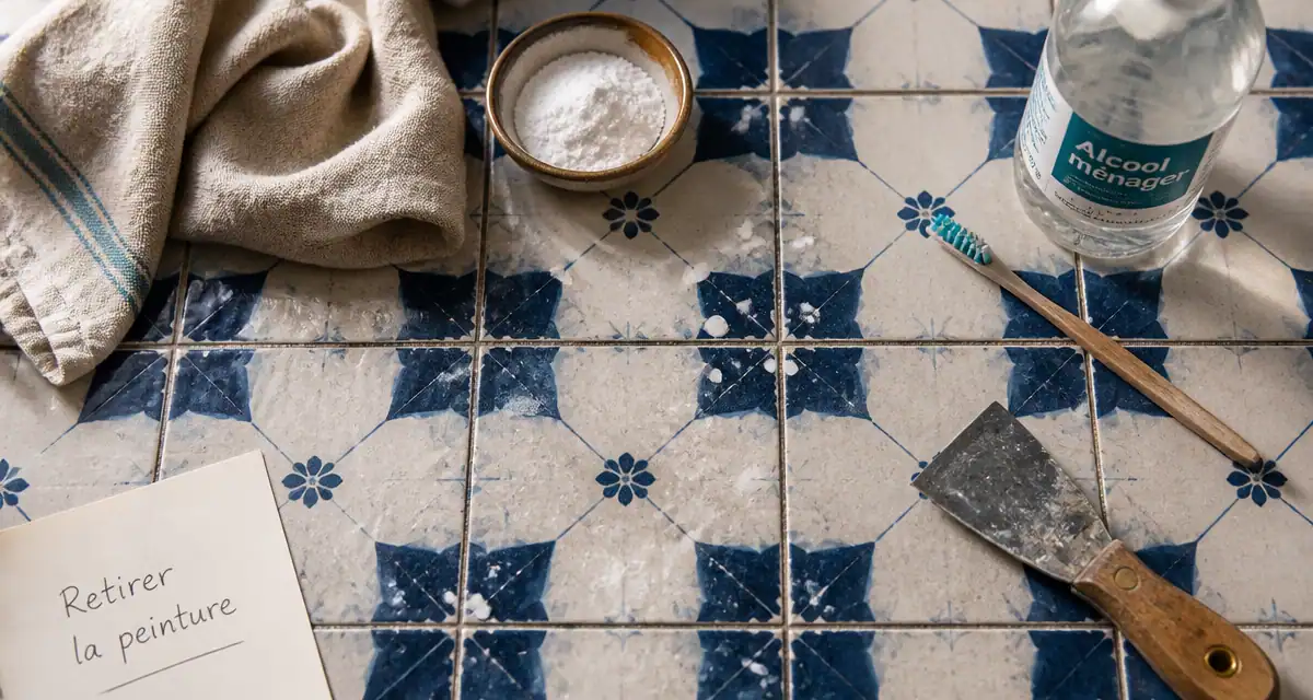 nettoyer peinture sur carrelage avec outils