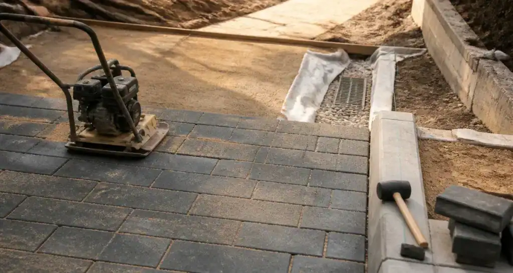 Pavé autobloquant pose sur fondation compactée