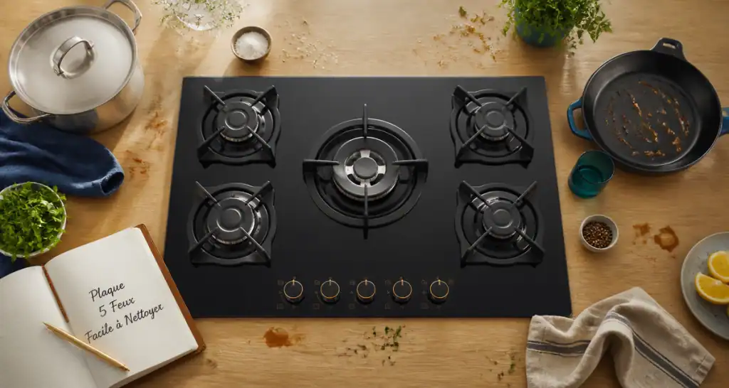 plaque de cuisson gaz 5 feux facile à nettoyer sur plan de travail