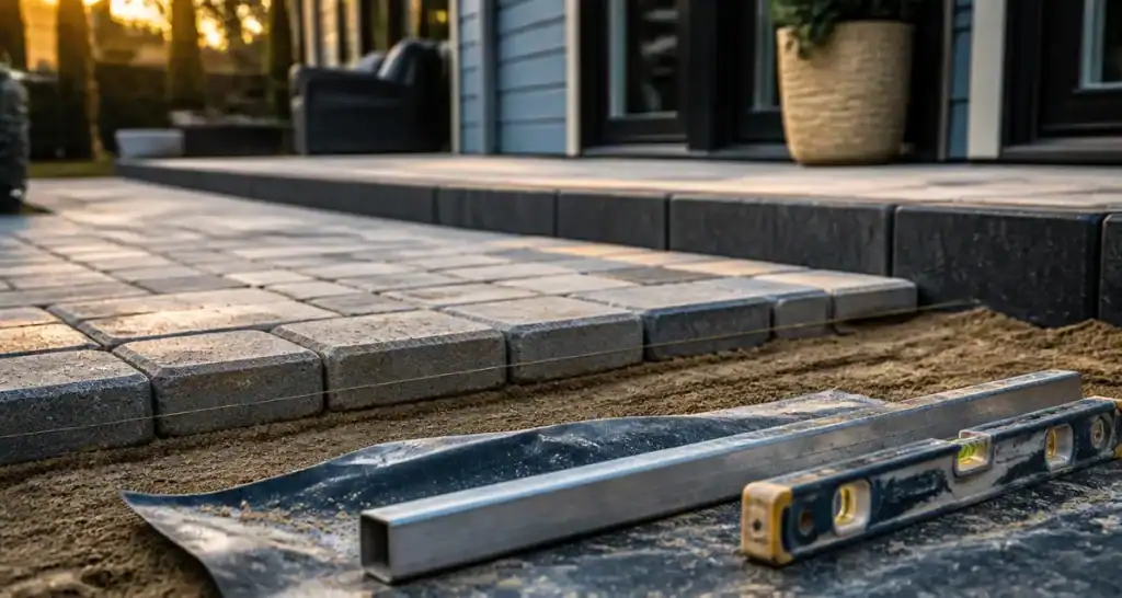 Pose pavé prix m2 : pavés et lit de sable sur chantier