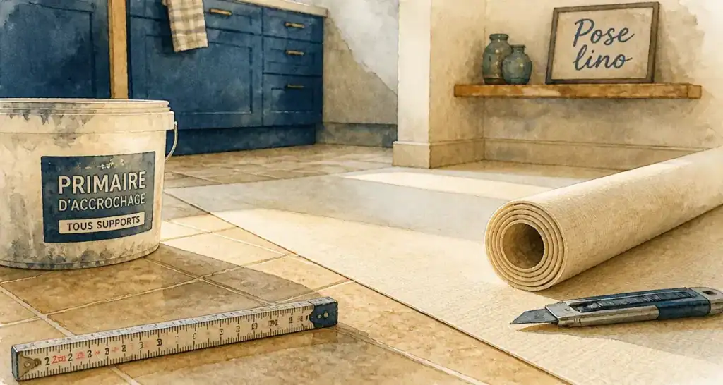 Poser du lino sur carrelage : rouleau de lino en cours de pose dans une cuisine