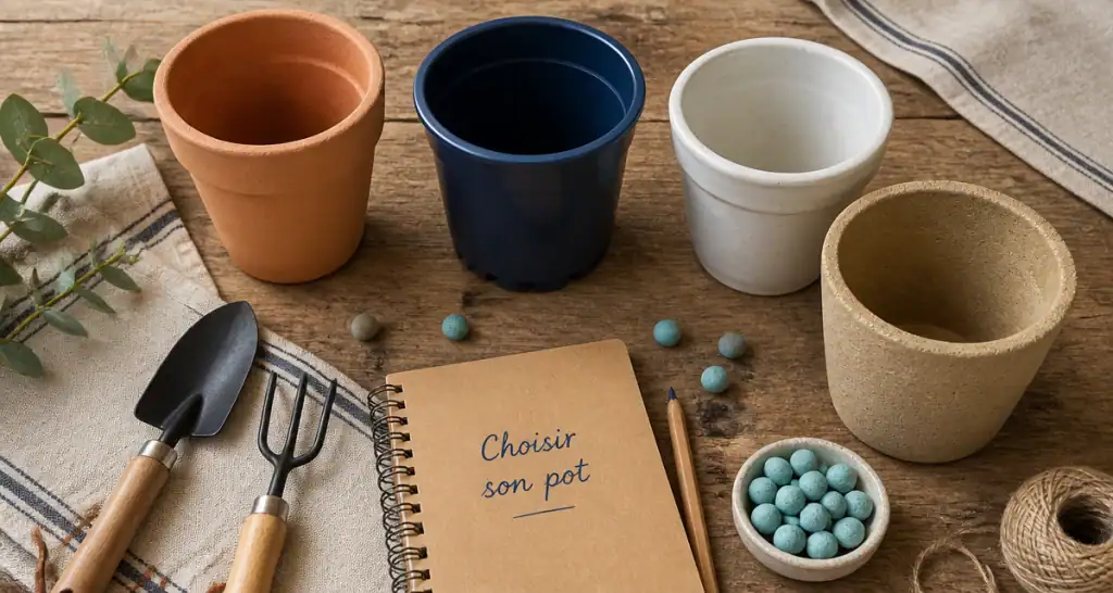 Quatre pots de fleurs en différents matériaux sur table