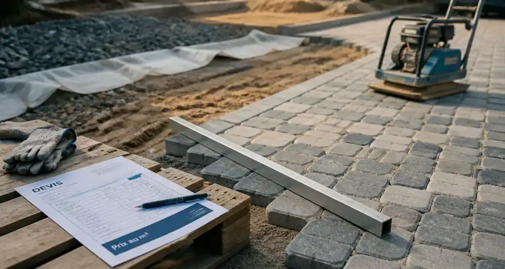 Prix des paves autobloquant : pose d’une allée, sable de joint et plaque vibrante