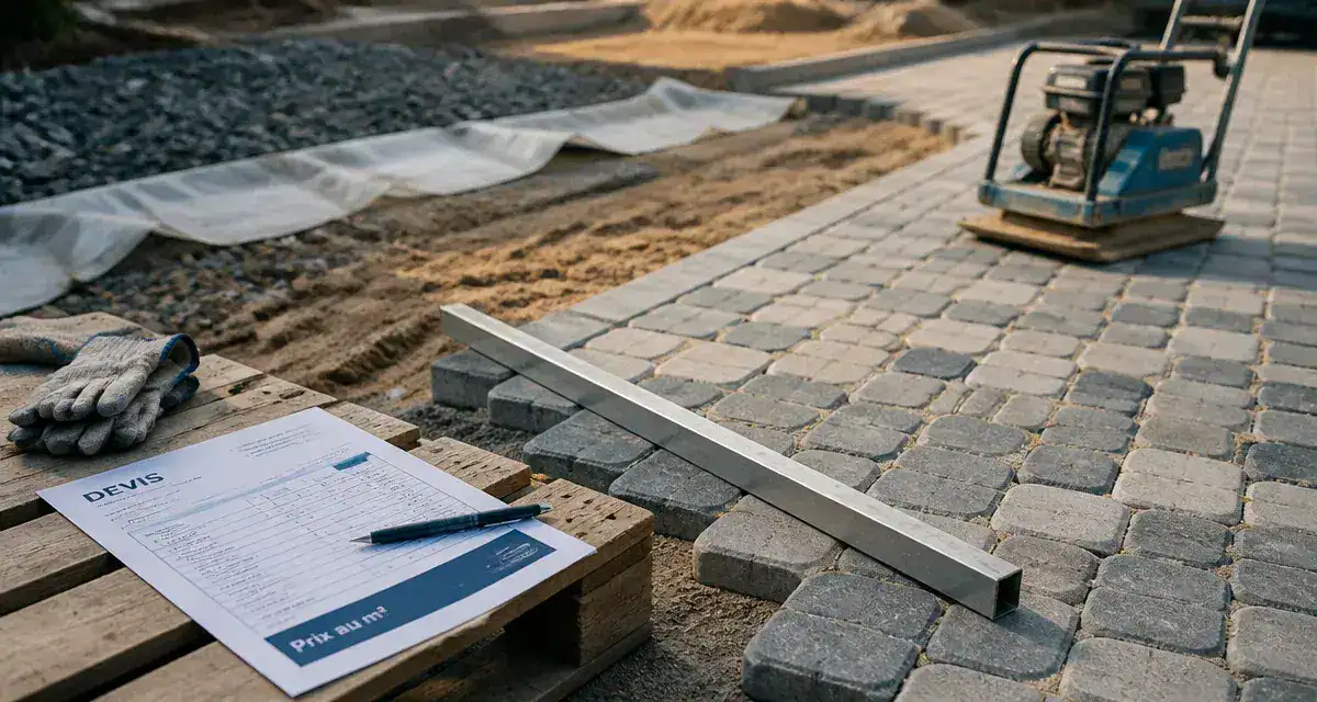 Prix des paves autobloquant : pose d’une allée, sable de joint et plaque vibrante