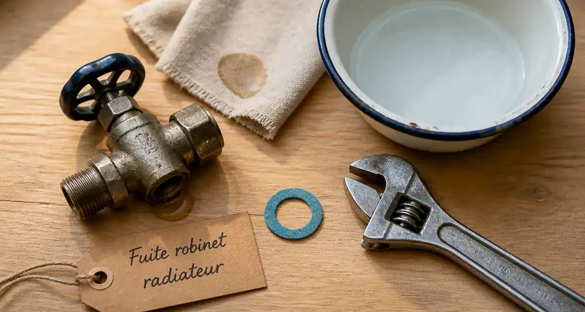 robinet radiateur fuite et outils sur plan de travail