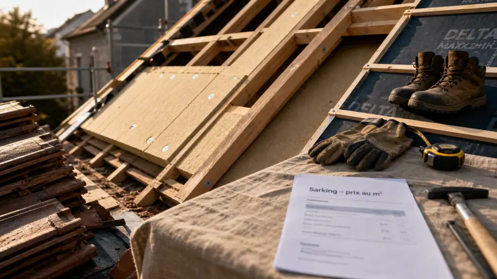 Sarking prix m2 : chantier isolation toiture extérieure, pose panneaux isolants