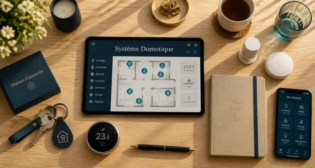 Bureau moderne avec système domotique, tablette et capteurs
