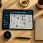 Bureau moderne avec système domotique, tablette et capteurs