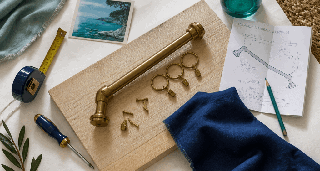 Tringle rideau sous pente en flat-lay avec accessoires