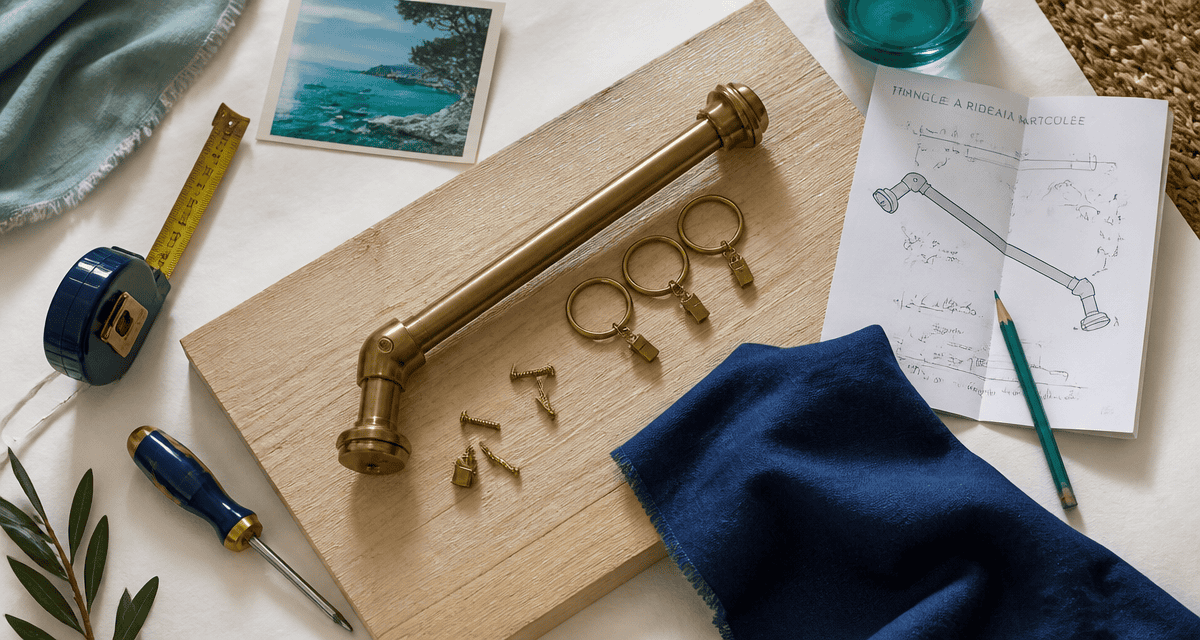 Tringle rideau sous pente en flat-lay avec accessoires