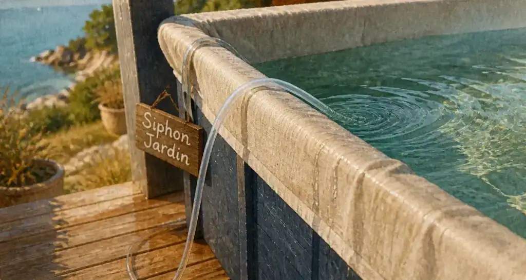 Vider une piscine avec un tuyau : siphon en action, niveau d’eau baisse