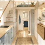 Aménagement tiny house : couloir libre et rangements intégrés