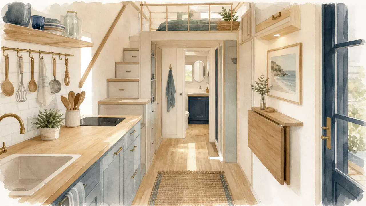 Aménagement tiny house : couloir libre et rangements intégrés