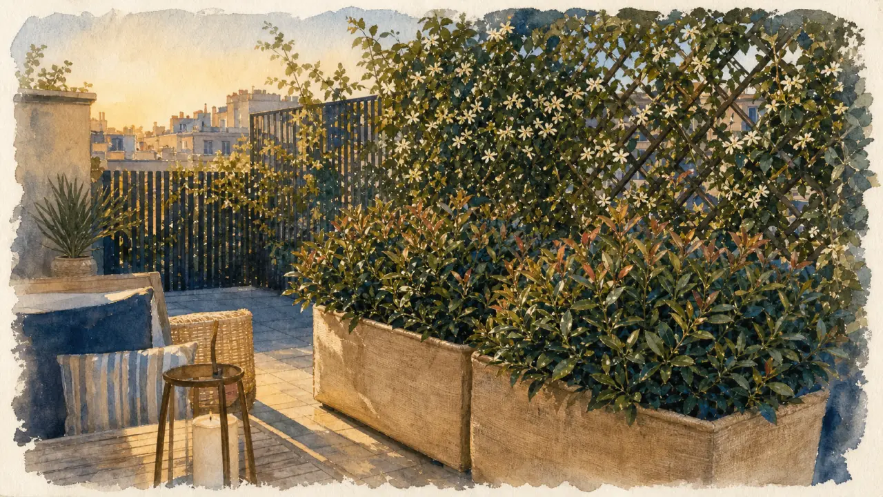 Brise vue plante : treillis avec grimpante et jardinières