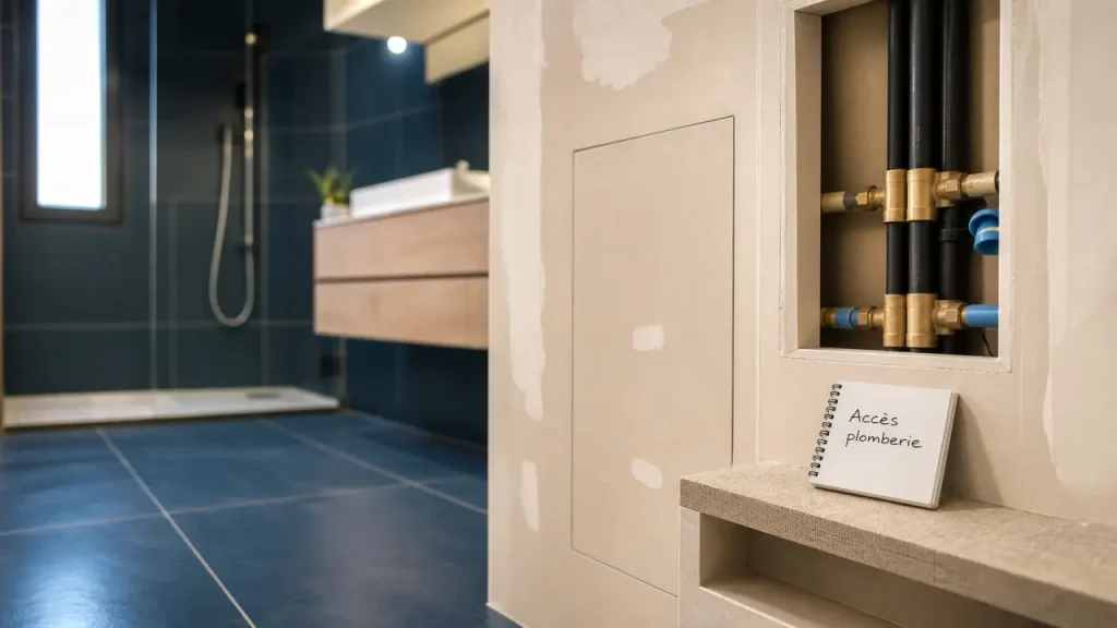 Cacher des tuyaux dans une salle de bain : coffrage discret avec trappe d’accès