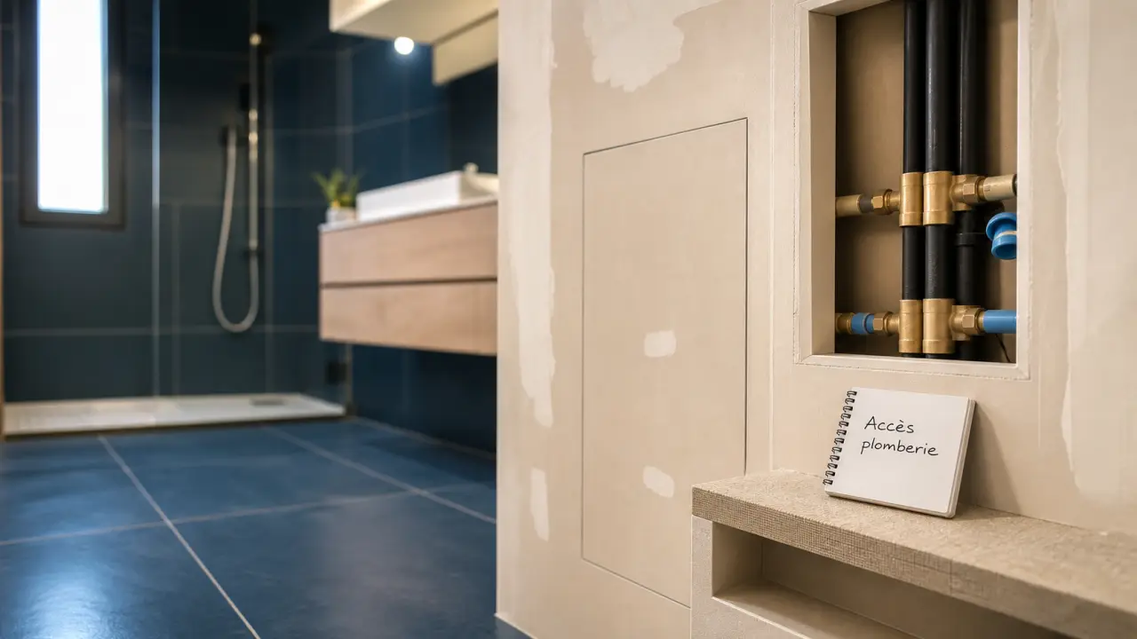 Cacher des tuyaux dans une salle de bain : coffrage discret avec trappe d’accès