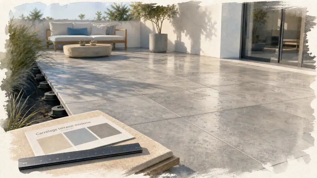 Carrelage terrasse moderne effet béton sur plots, joints fins