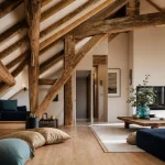 Charpente apparente en bois, poutres et chevrons sous pente, salon