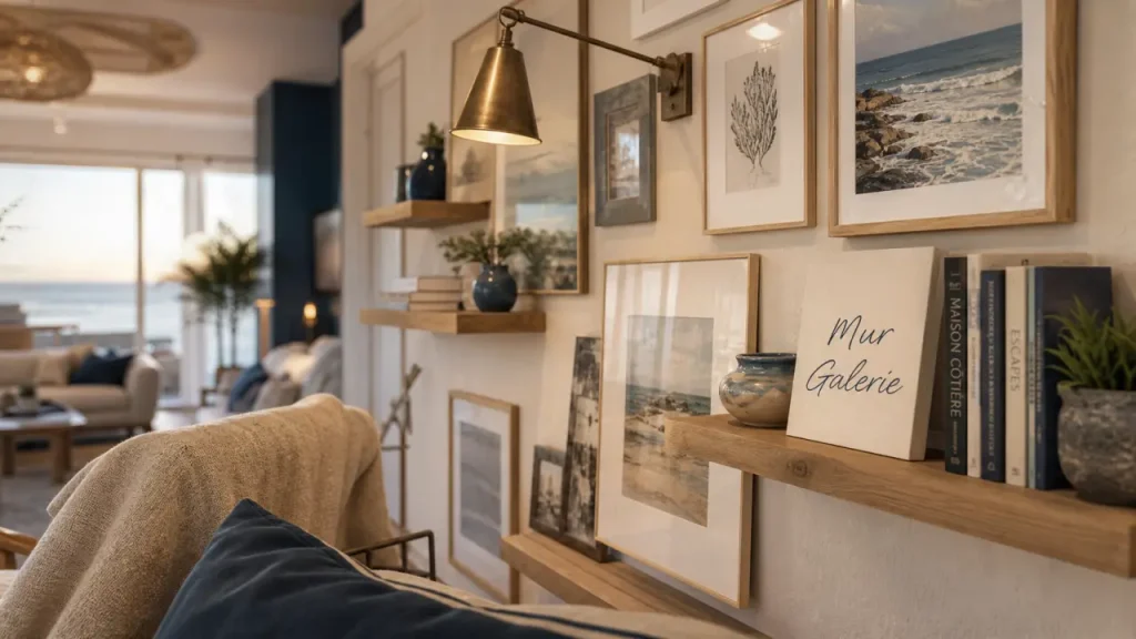 Décorer mur blanc avec mur galerie de cadres et étagères flottantes
