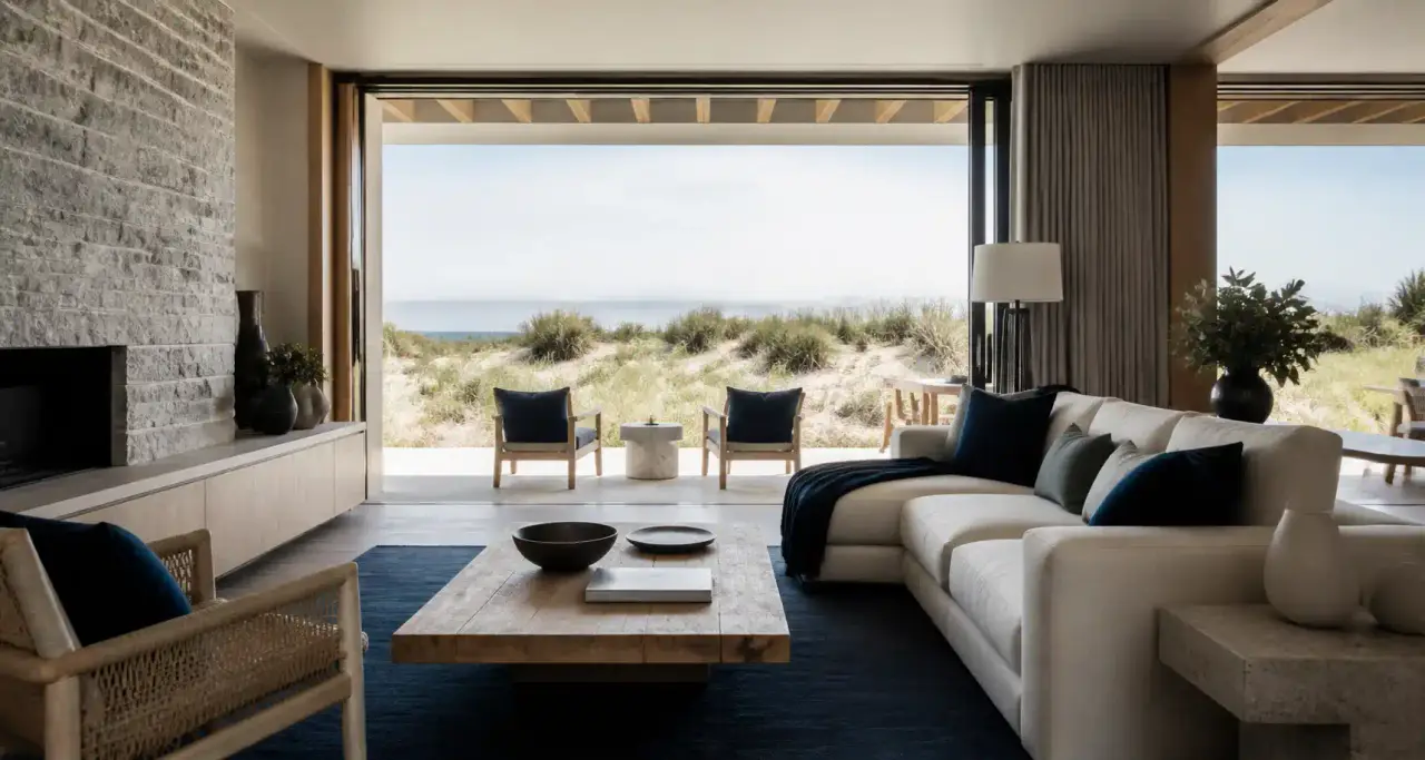 Intérieur de villa balnéaire avec baies vitrées ouvertes sur un jardin de dune
