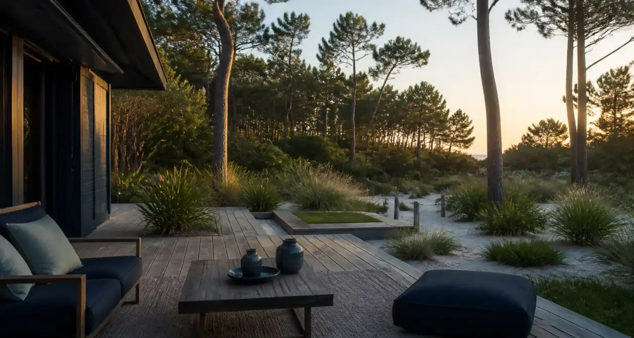 Terrasse en bois donnant sur un jardin de sable planté de graminées
