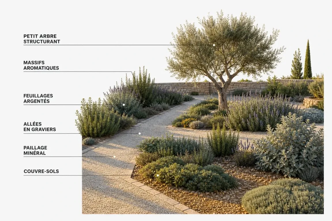 Jardin méditerranéen sans entretien avec plantes aromatiques, paillage minéral et feuillages argentés