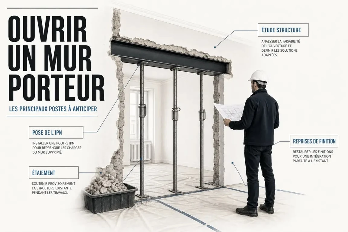 Prix mur porteur IPN : illustration d'un chantier d'ouverture avec poutre métallique et étaiement
