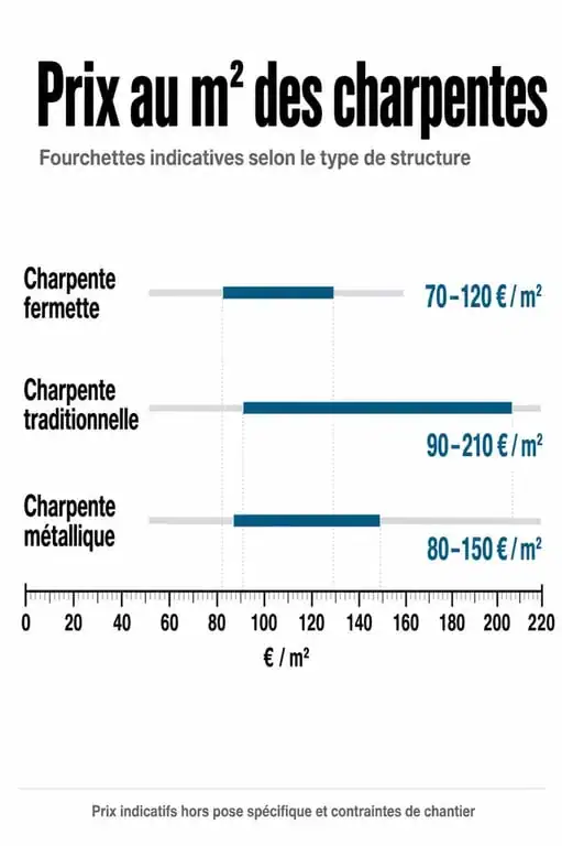 Comparatif des prix au m² des différents types de charpente : fermette, traditionnelle et métallique pour estimer le prix charpente.