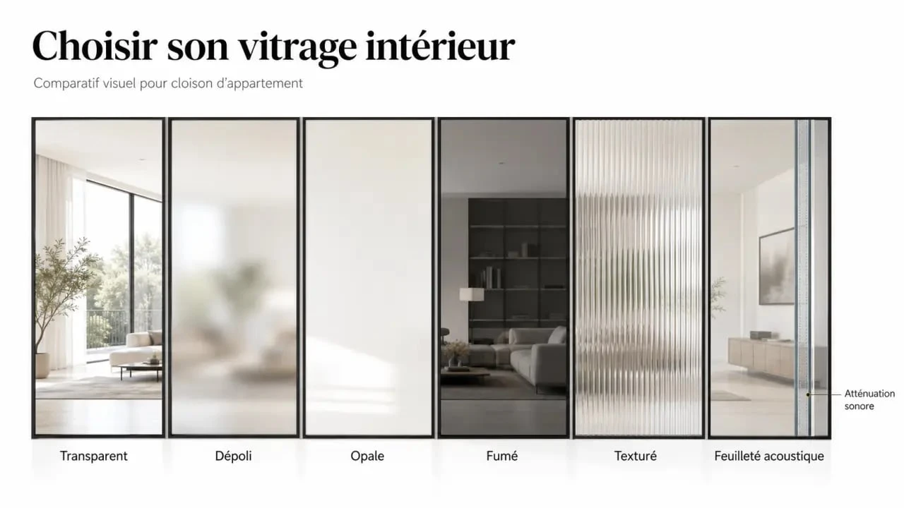 Vitre pour cloison intérieure : comparaison des verres transparent, dépoli, opale, fumé et feuilleté dans un intérieur lumineux