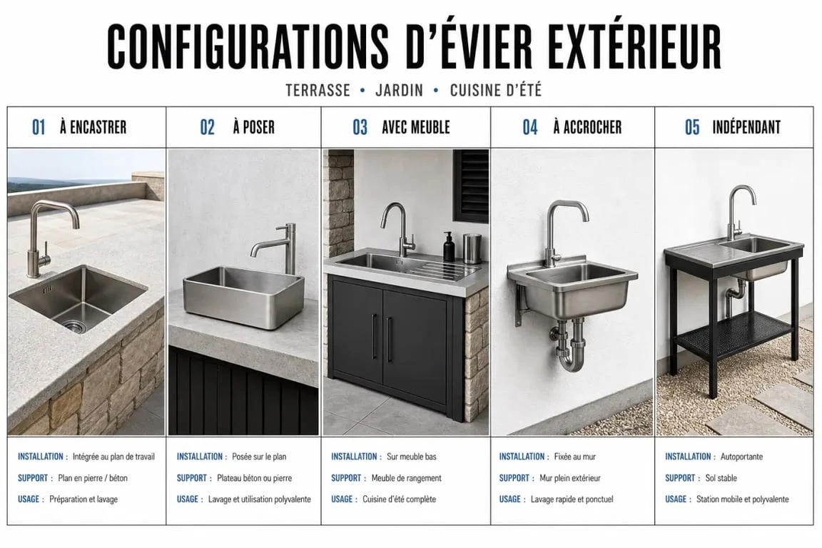 Comparaison d’un evier pour exterieur dans différentes configurations de terrasse, jardin et cuisine d’été