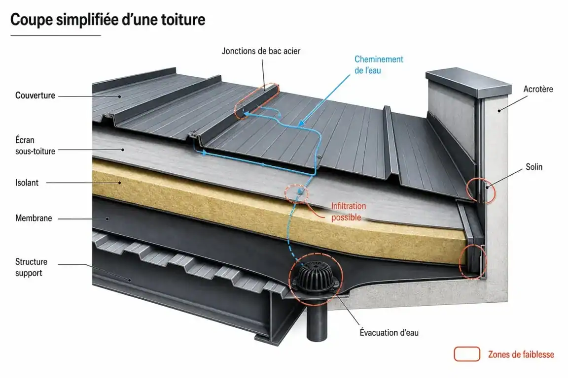 Étanchéité des toitures : schéma simplifié des couches et points de fuite