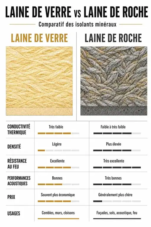 Différence entre laine de verre et laine de roche : comparaison visuelle des performances thermiques, acoustiques, feu, densité et prix